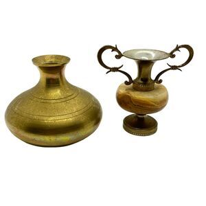 Brass & Stone Urn Vessels Vase Charming Decorative Gothic Classic Lot Of 2 Retro